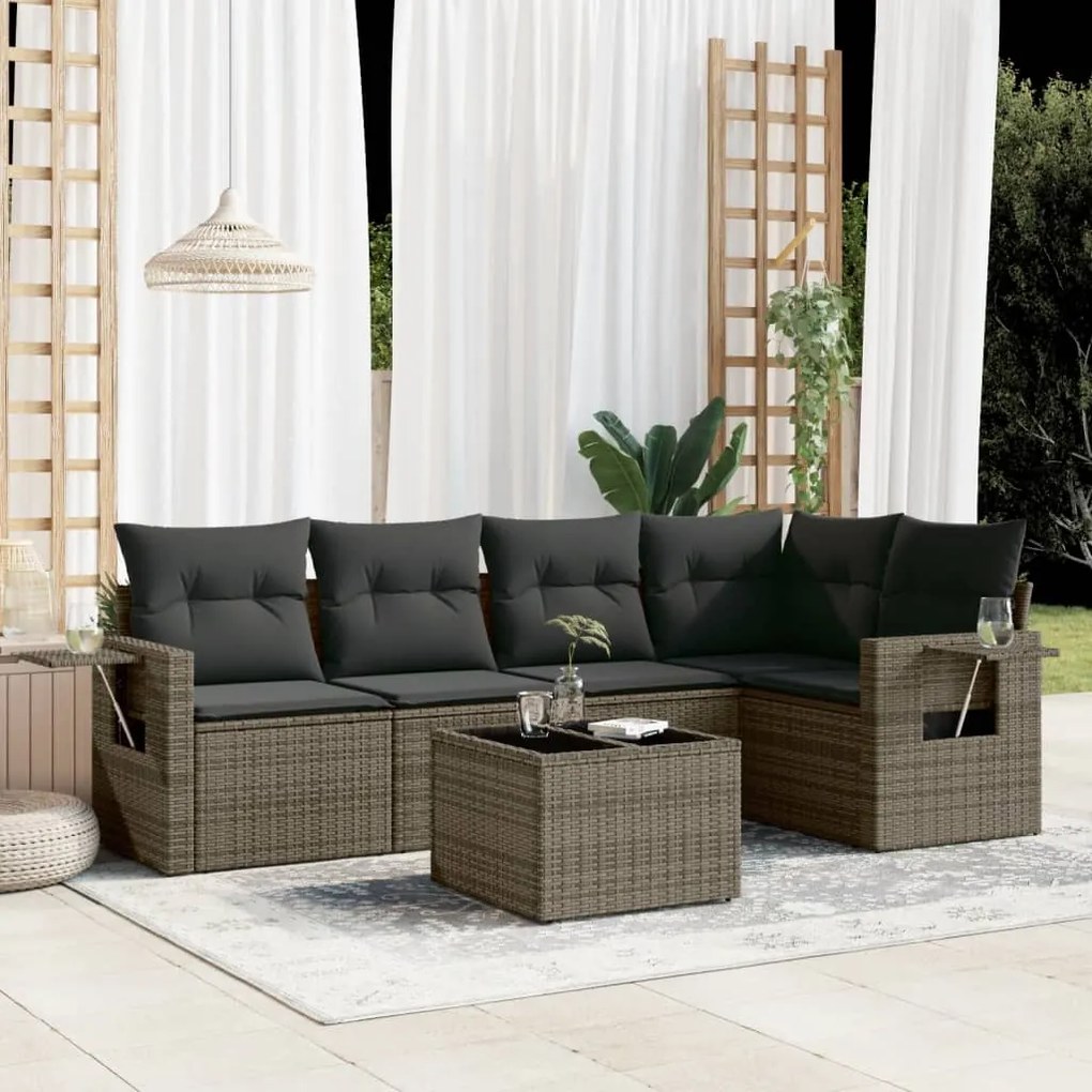 6 pcs conjunto sofás de jardim com almofadões vime cinzento