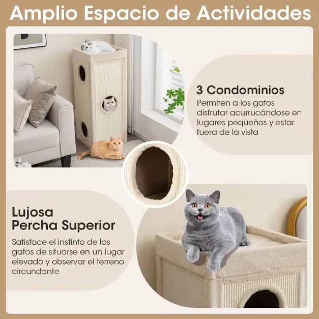 Casa para gatos com 3 cavernas e 3 esconderijos 40 x 40 x 99 cm, painéis para arranhar em sisal, cama superior com almofada removível e barril para ar
