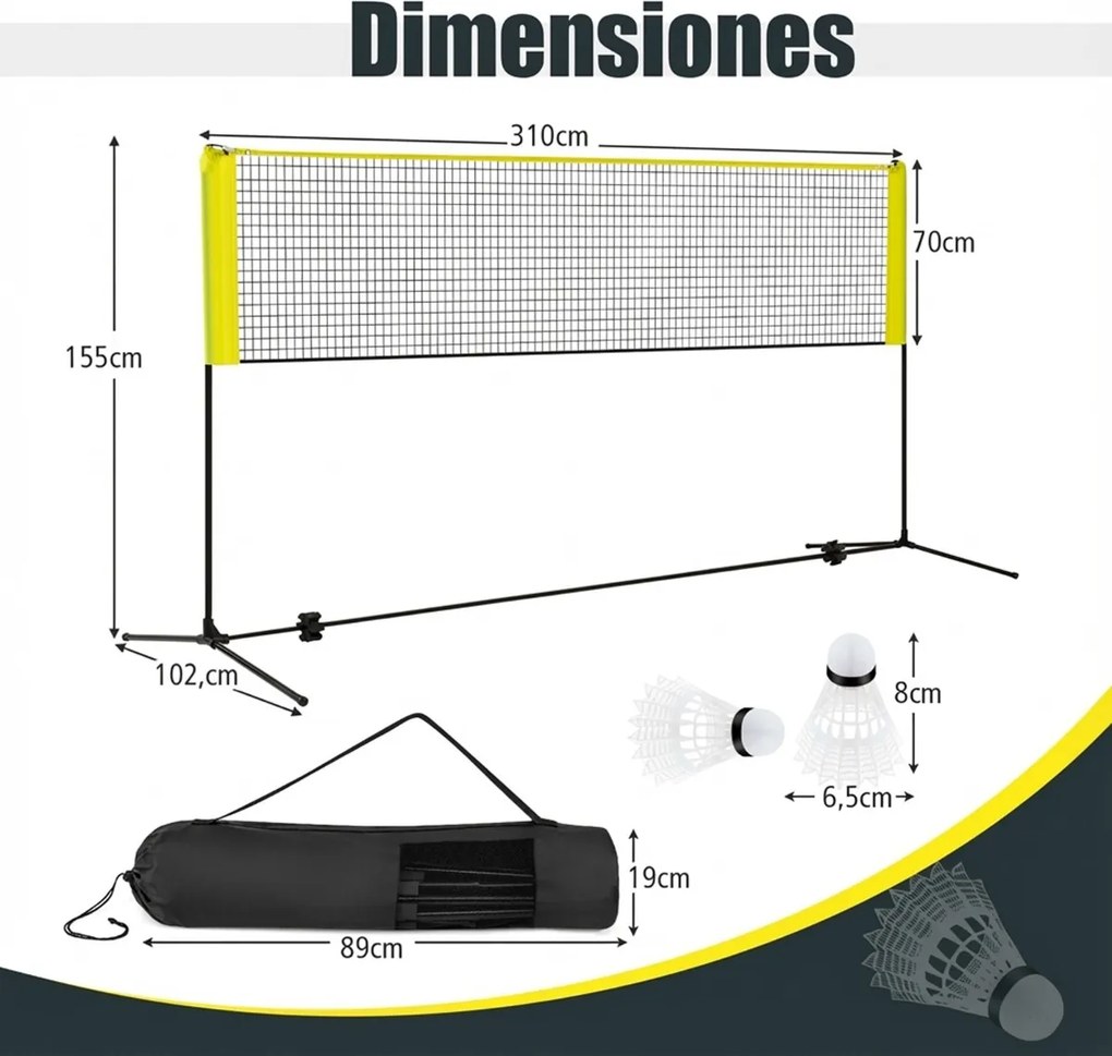 Rede de badminton 310 cm portátil ajustável em altura com postes, bolsa de transporte e 2 penas para interior e exterior Amarela