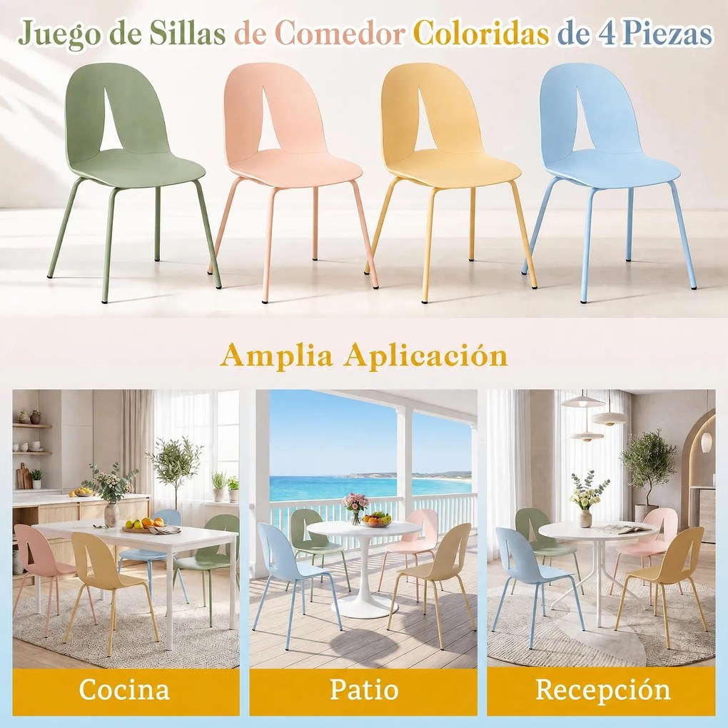 Conjunto de 4 Cadeiras de Sala de Jantar, 52 x 51,5 x 83 cm (MESA NÃO INCLUIDA), Encosto Triangular Perfurado, Multicolor