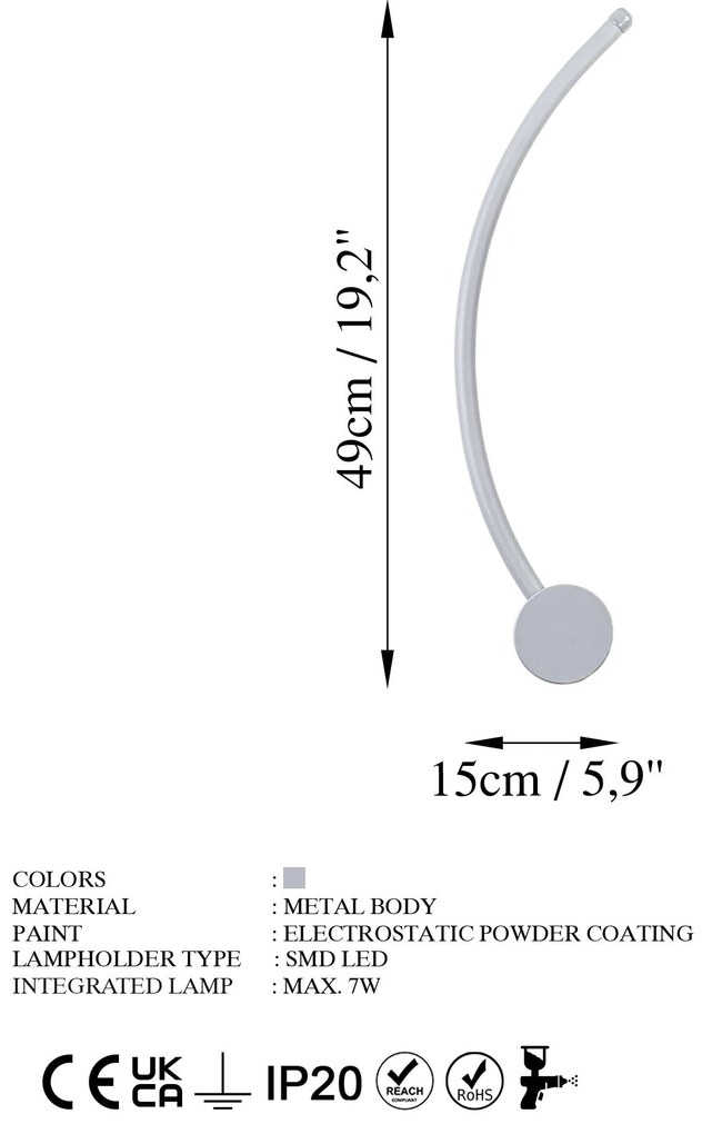 Candeeiro de Parede Uyan – Cinzento – 49cm x 15cm x 10cm