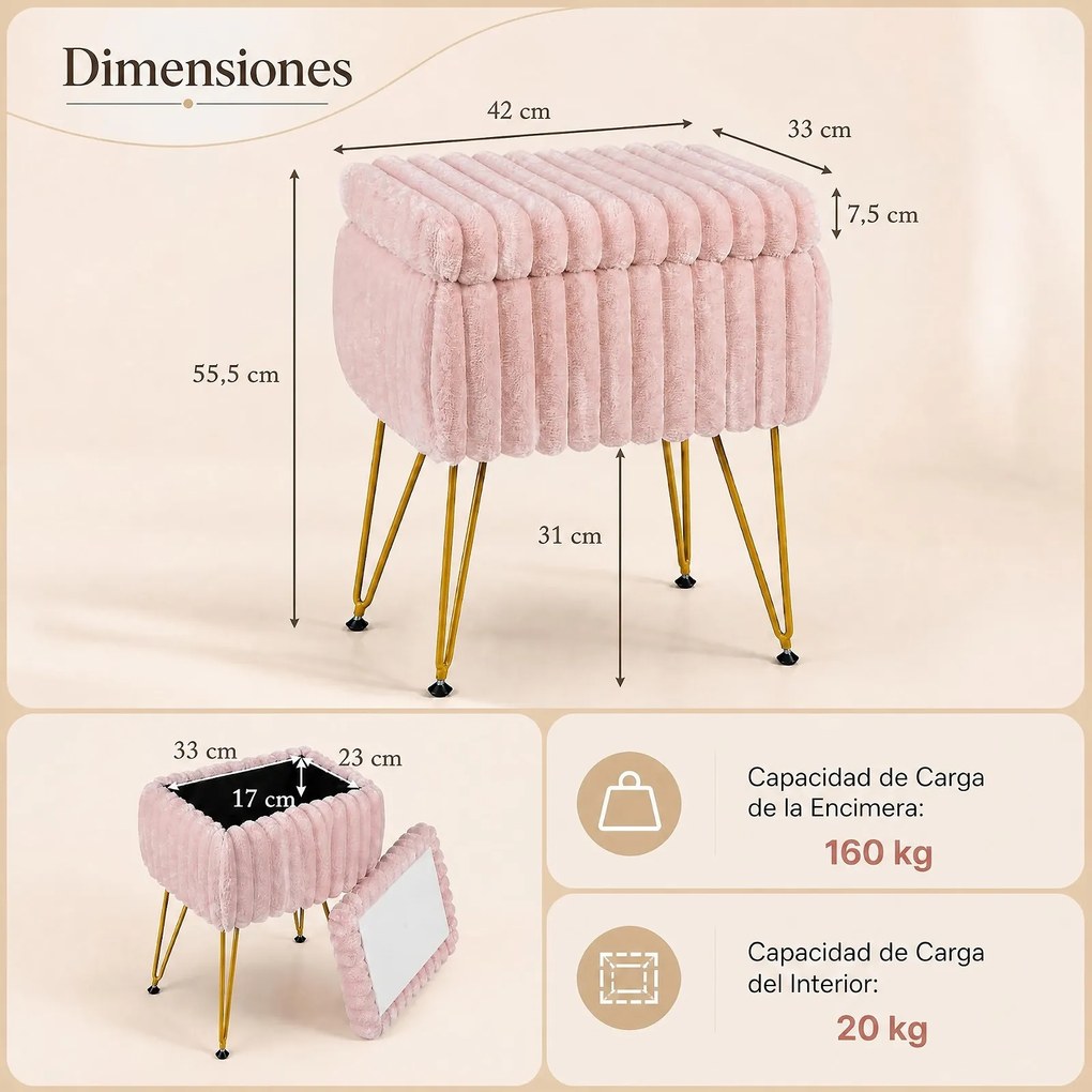 Banco para Toucador com Caixa de Arrumação, 42 x 33 x 55,5 cm, Tampa Rebatível, Rosa