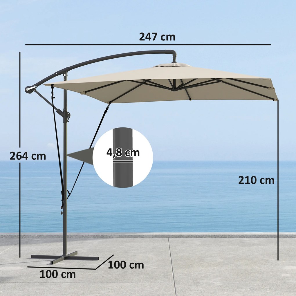 Chapéu de Sol Excêntrico 247x247 cm com Base Cruzada Capa Ajustável Manivela Capa Protectora e Corda de Vento Caqui