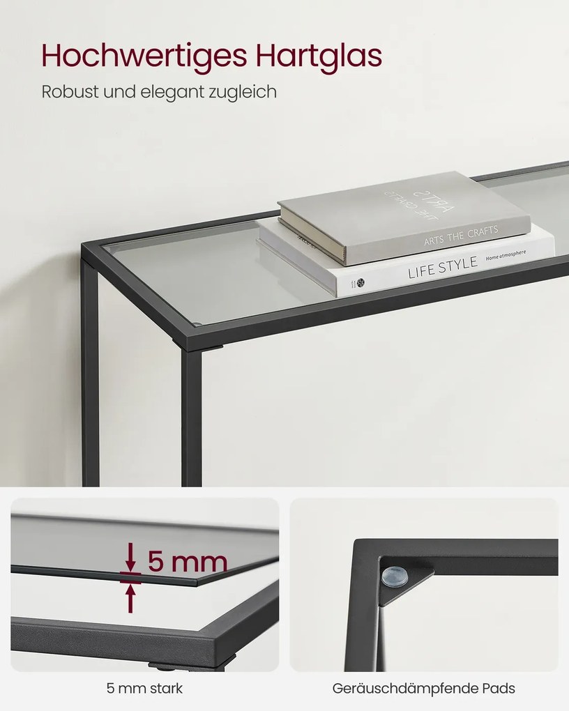 Mesa consola 20 x 100 x 80 cm com tampo em vidro para sala de estar moderna, cor preto e cinza-ardósia