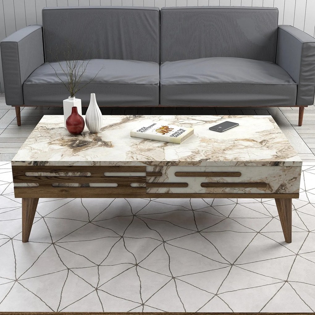 Mesa de Centro Valensiya – Nogueira e Mármore Branco – 105x60x34,6 cm
