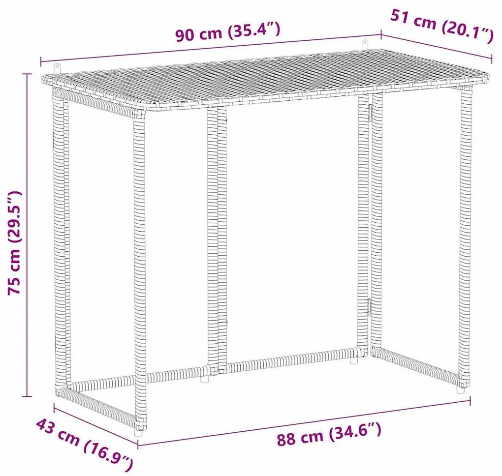 Mesa de jardim dobrável 90x51x75 cm vime PE cinzento-claro