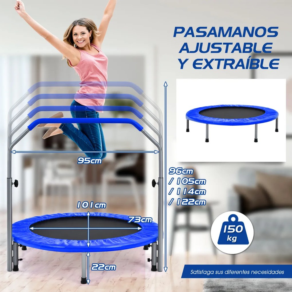 Mini Trampolim Dobrável 101 cm de Treino Fitness para Adultos e Crianças com Pega Ajustável em Altura Azul