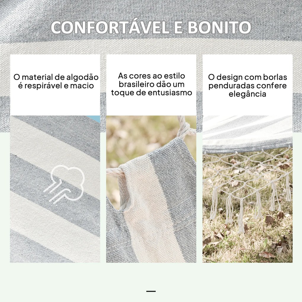 Cama Rede de Jardim 200x100 cm Rede Suspensa com Travessas de Madeira para Pátio Varanda Campismo Creme e Cinza