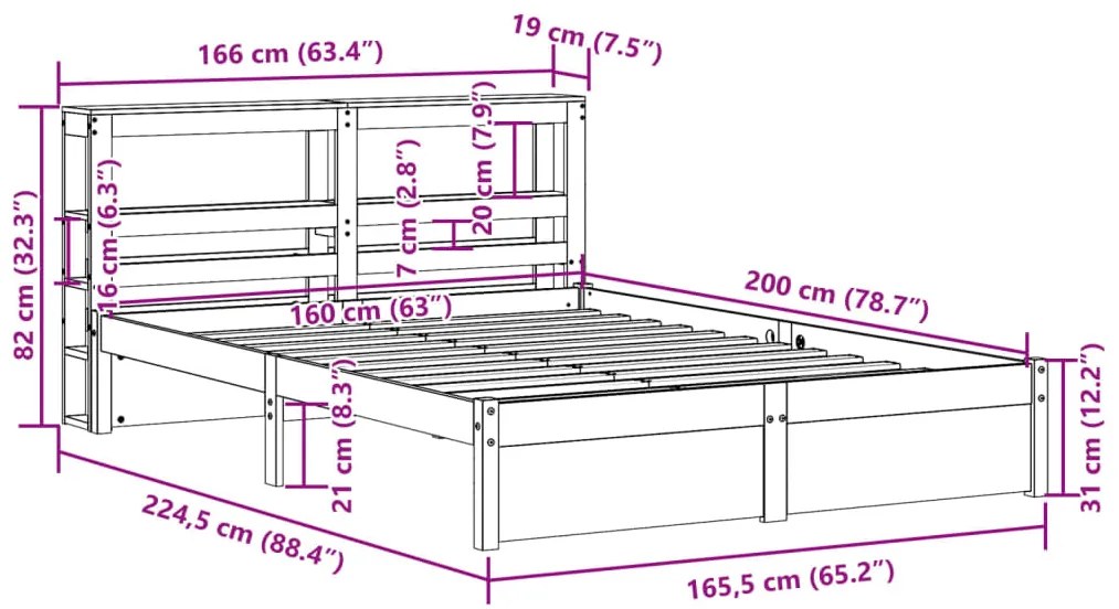 Estrutura de cama com cabeceira 160x200 cm pinho maciço