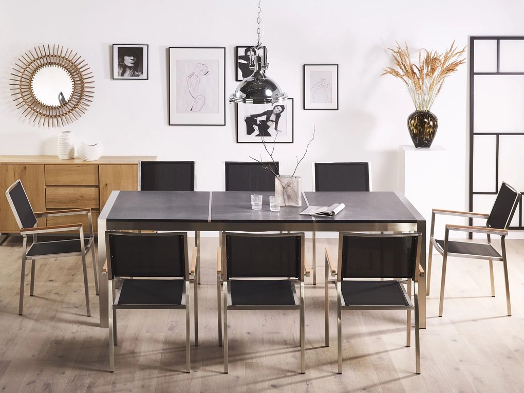 Mesa de refeições em inox e painéis de granito preto flameado 220 x 100 cm GROSSETO Beliani