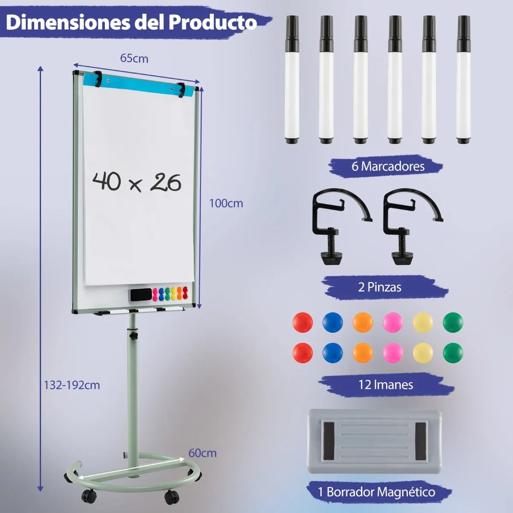 Quadro branco 100 x 65 cm apagável,1 apagador seco, 2 ganchos para papel, 6 marcadores apagáveis e 12 ímanes verdes