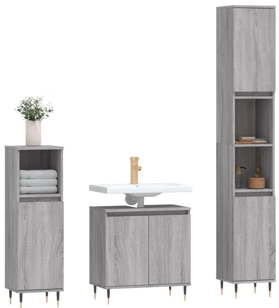 3 pcs conjunto móveis WC derivados de madeira cinzento sonoma