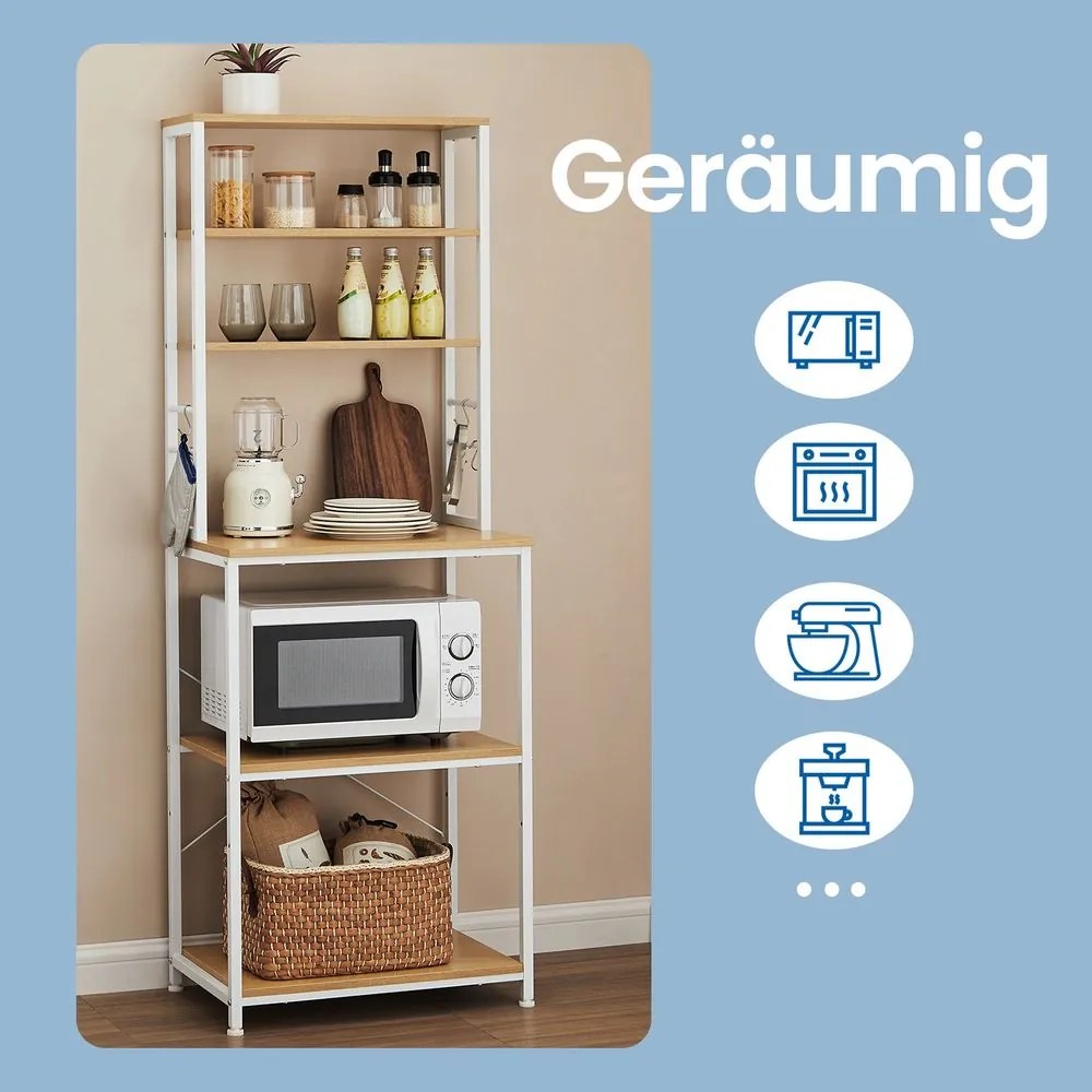 Estante de cozinha com 6 prateleiras e 6 ganchos 40 x 60 x 167 cm cor de carvalho + branco