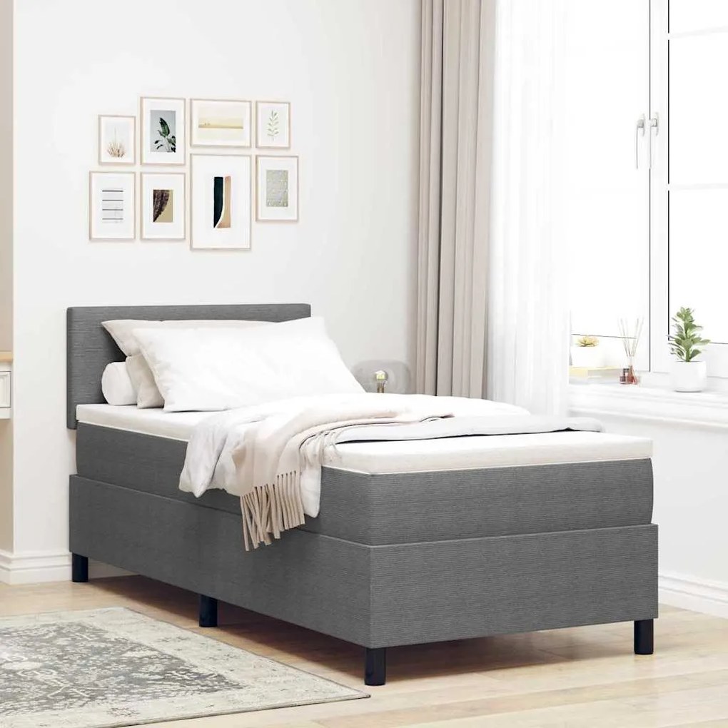 Cama Box Spring com Colchão &amp; Luz LED Cinzento Cama de Solteiro em Tec
