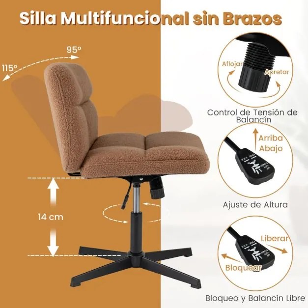Cadeira giratória para escritório Sem Rodas com superfície de pelúcia felpuda, altura ajustável, base de metal e elevador a gás premium Castanho claro