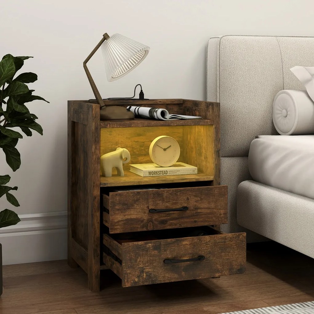 Mesa de cabeceira 45 x 35 x 60 cm com luzes LED e tomadas com 2 gavetas e prateleira aberta castanho