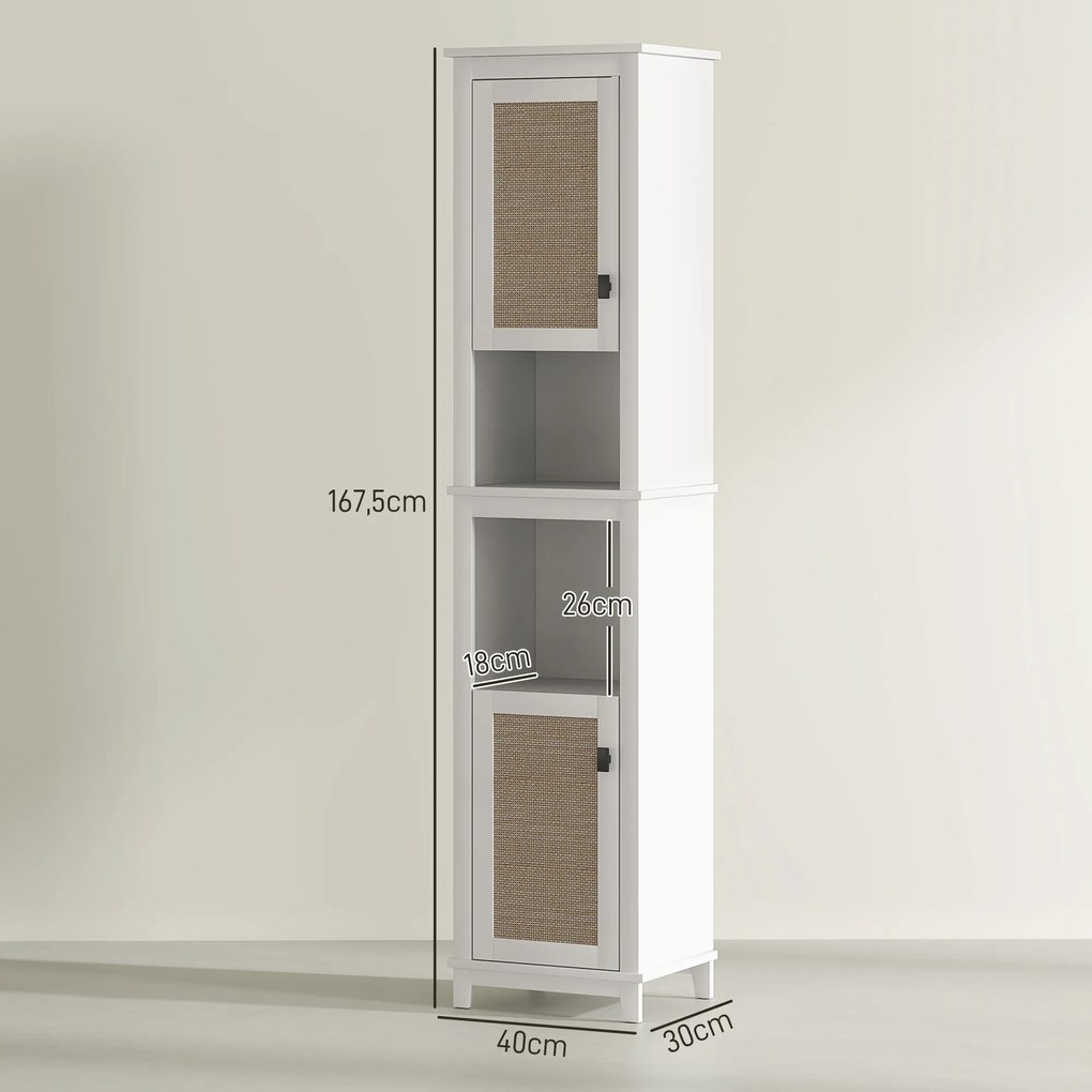 Coluna Casa de Banho com Prateleira Ajustável 2 Portas em Vime e 2 Compartimentos Estilo Boho 40x30x167,5 cm Branco