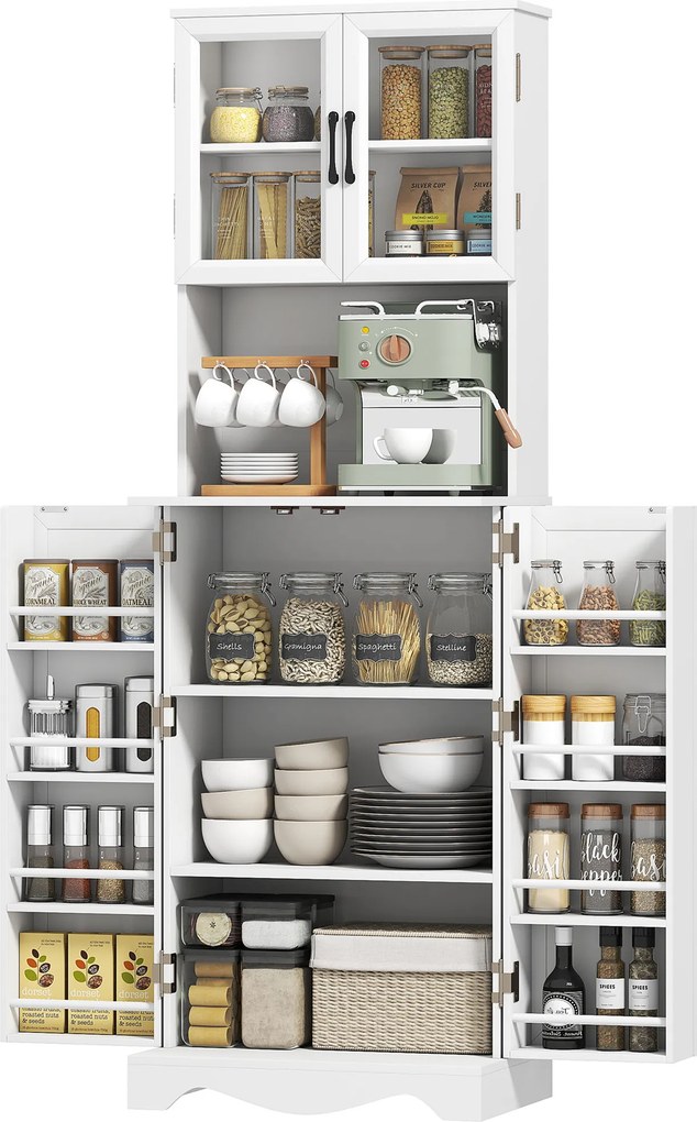 Armário de cozinha alto com 4 portas 60 x 39,5 x 179,6 cm, 8 compartimentos para especiarias, bancada e prateleira ajustável, branco