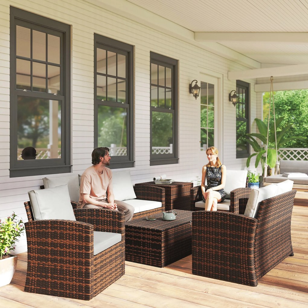 Conjunto de Jardim Exterior de Vime 6 Peças Almofadas Sofá Duplo Sofá de 3 Lugares 2 Poltronas 2 Mesas Auxiliares Bege