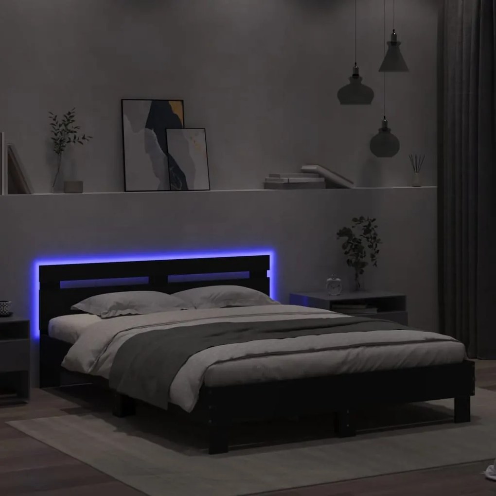 Estrutura de cama com cabeceira e luzes LED 140x190 cm preto