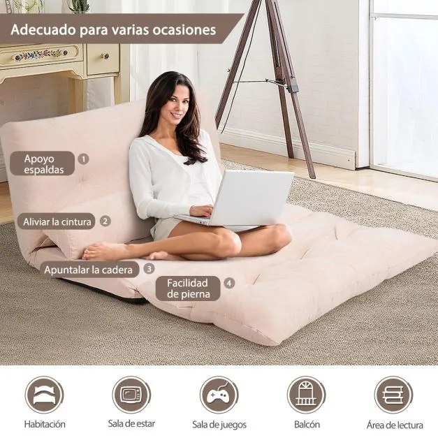Sofá chão Sofá-cama multifuncional ajustável em 6 posições com 2 almofadas Forro em camurça para quarto, sala, varanda Bege