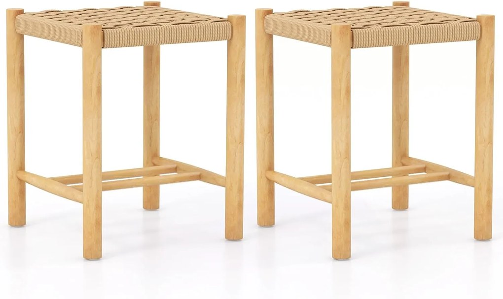 Conjunto de 2 bancos de bar/jantar, estrutura de madeira de borracha, assento de papel tecido sem encosto para cozinha 36 x 36 x 45 cm Natural