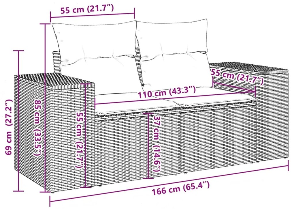 10 pcs conjunto de sofás p/ jardim com almofadões vime PE bege