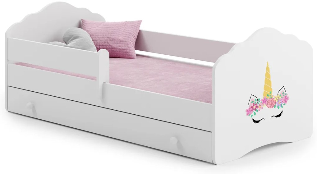 Cama infantil Wave branca 140x70 com gaveta - unicórnio - colchão e estrado incluído