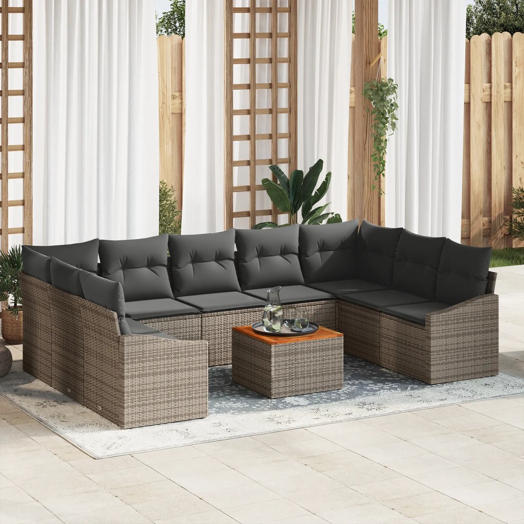 vidaXL Conjunto de Sofás de Jardim com Almofadas Cinza Rattan Poliéster Acácia