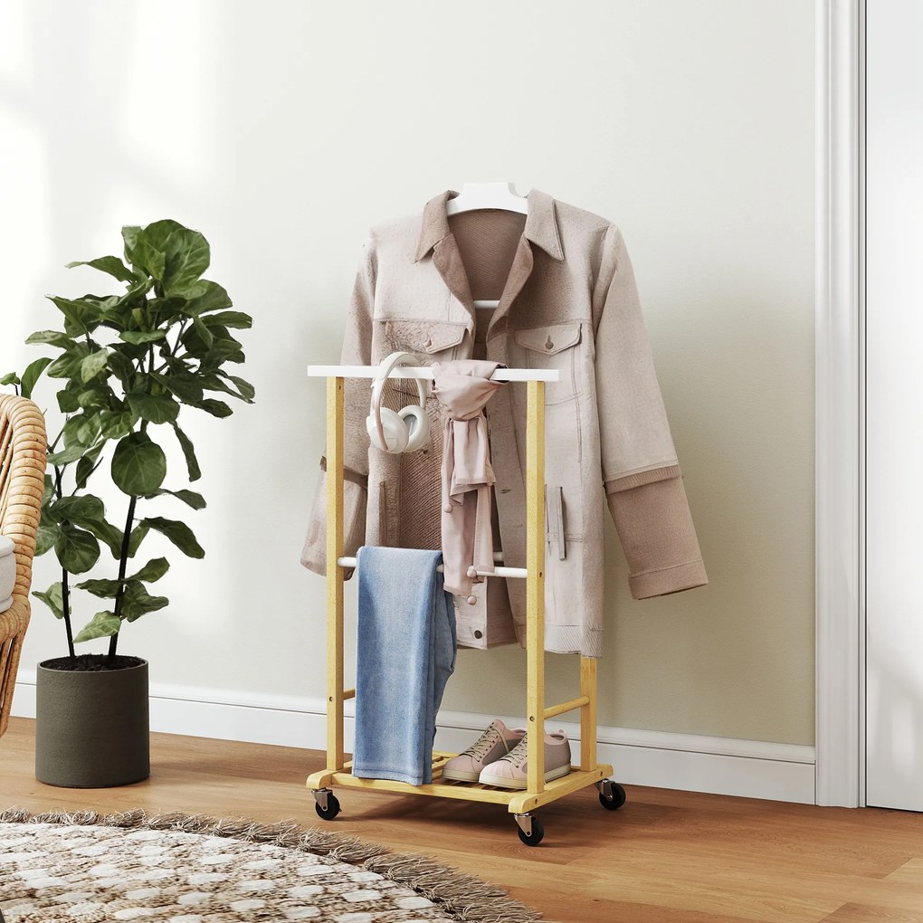 Cabide de Pé de Bambu com Rodas Cabide para Roupas com Barras para Calças e Prateleira Inferior para Sapatos Estilo Nórdico 47x33,7x105,5 cm Madeira e