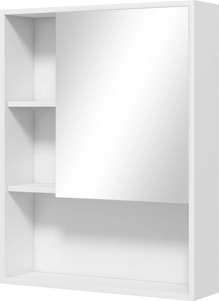 Armário de parede para casa de banho com espelho 60 x 15 x 76 cm, móvel de casa de banho, 5 compartimentos e prateleira ajustável, branco