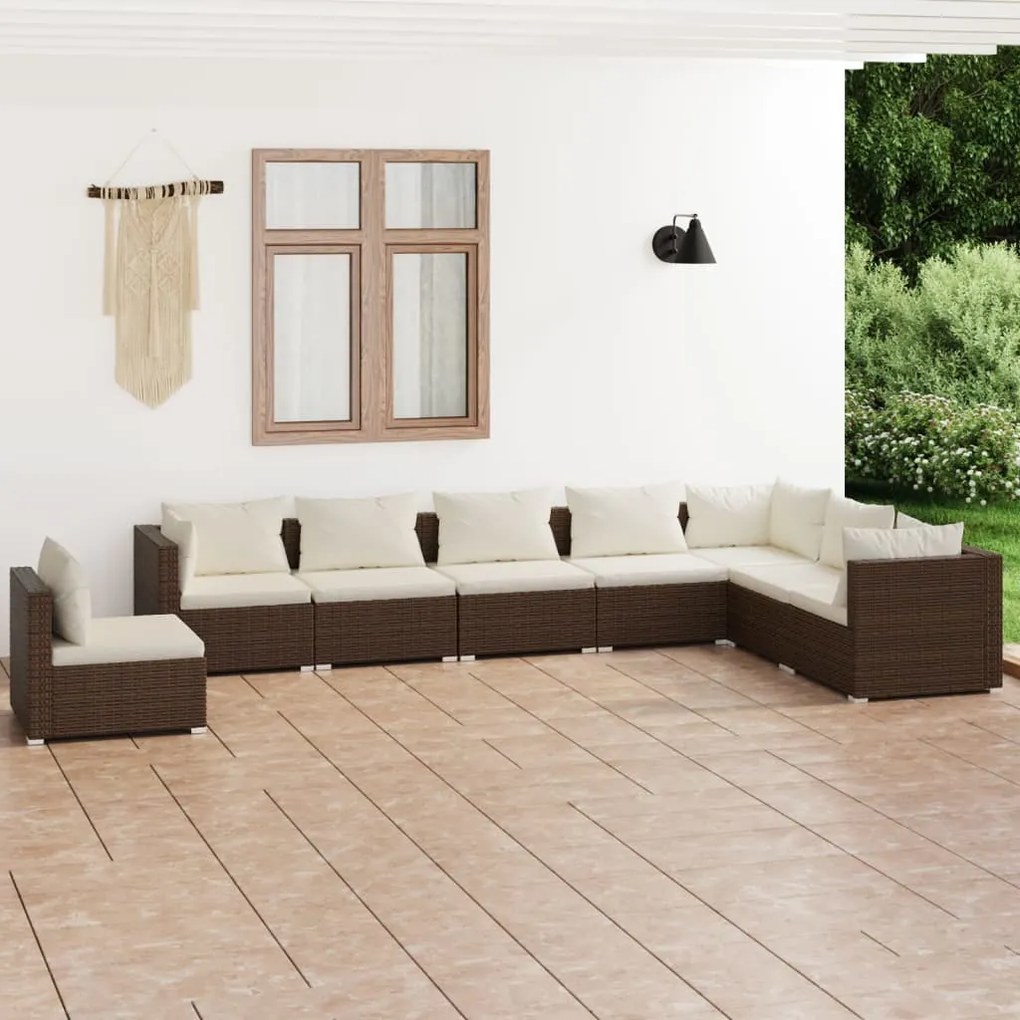 8 pcs conjunto lounge jardim c/ almofadões vime PE castanho