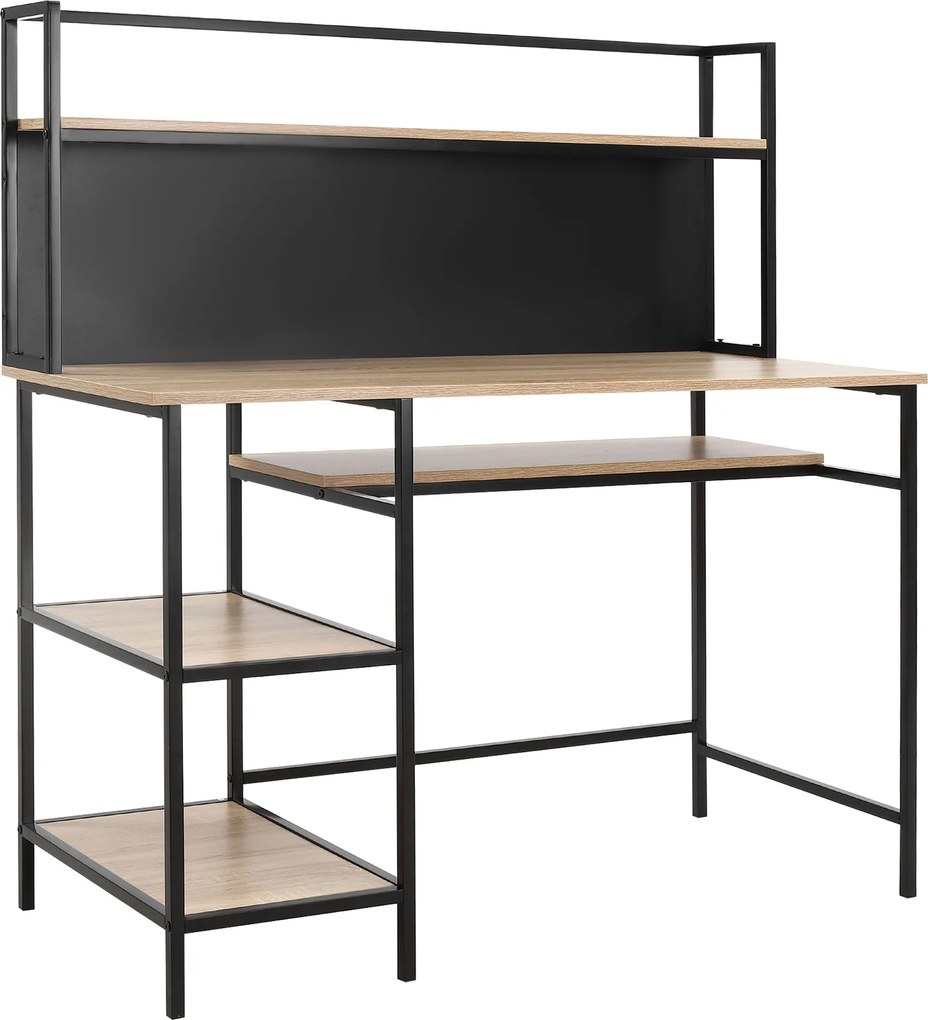 Secretária com 4 prateleiras, tampo grande e painel preto 120 x 53 x 126 A cm, carvalho e preto