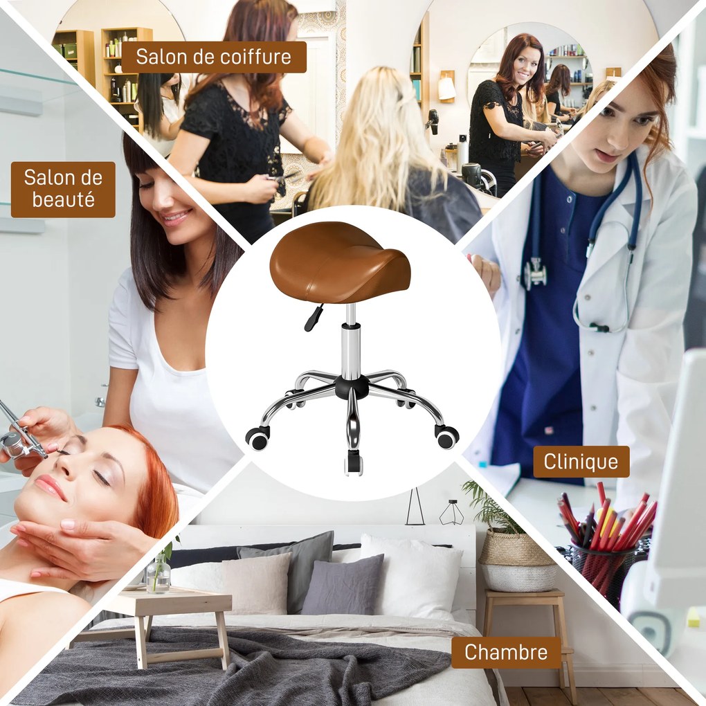 Banco com rodas, cadeira de trabalho com altura regulável entre 49 e 61 cm e assento ergonómico, 52 x 53 x 49–61 cm, castanho