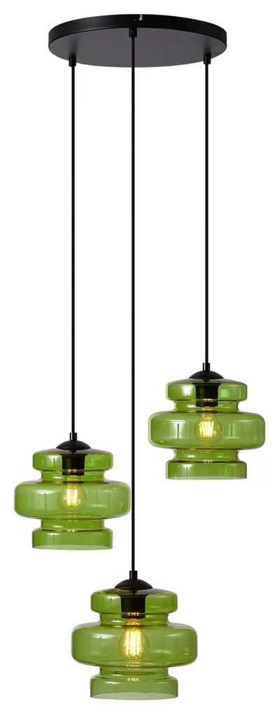 Candeeiro suspenso retro preto com vidro verde 3 luzes - Denise Retro