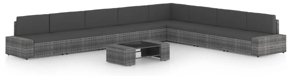 9 pcs conjunto lounge de jardim c/ almofadões vime PE cinzento