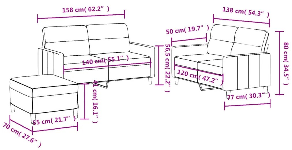 3 pcs conjunto de sofás com almofadões tecido cinza-acastanhado