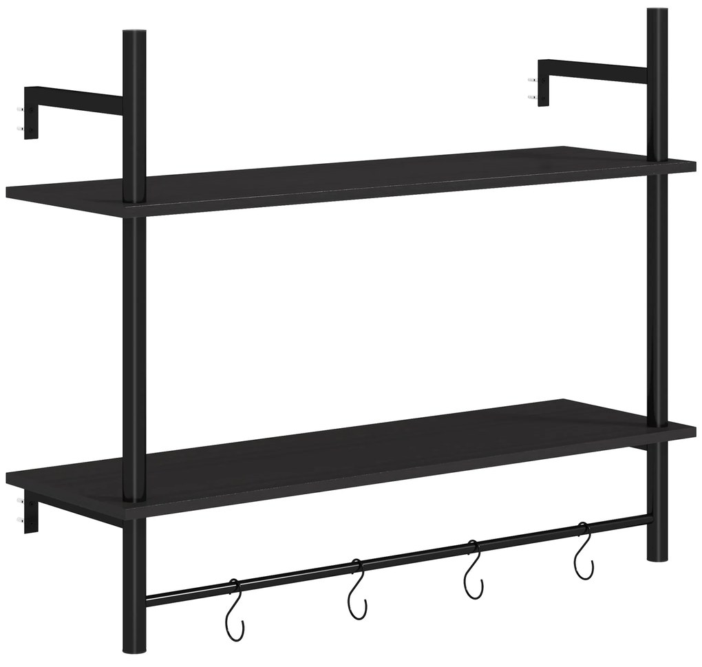 HOMCOM Estante de Parede de 2 Níveis Estante Suspensa com 4 Ganchos 2 Prateleiras e Estrutura de Metal 80x24x65 cm Preto | Aosom Portugal