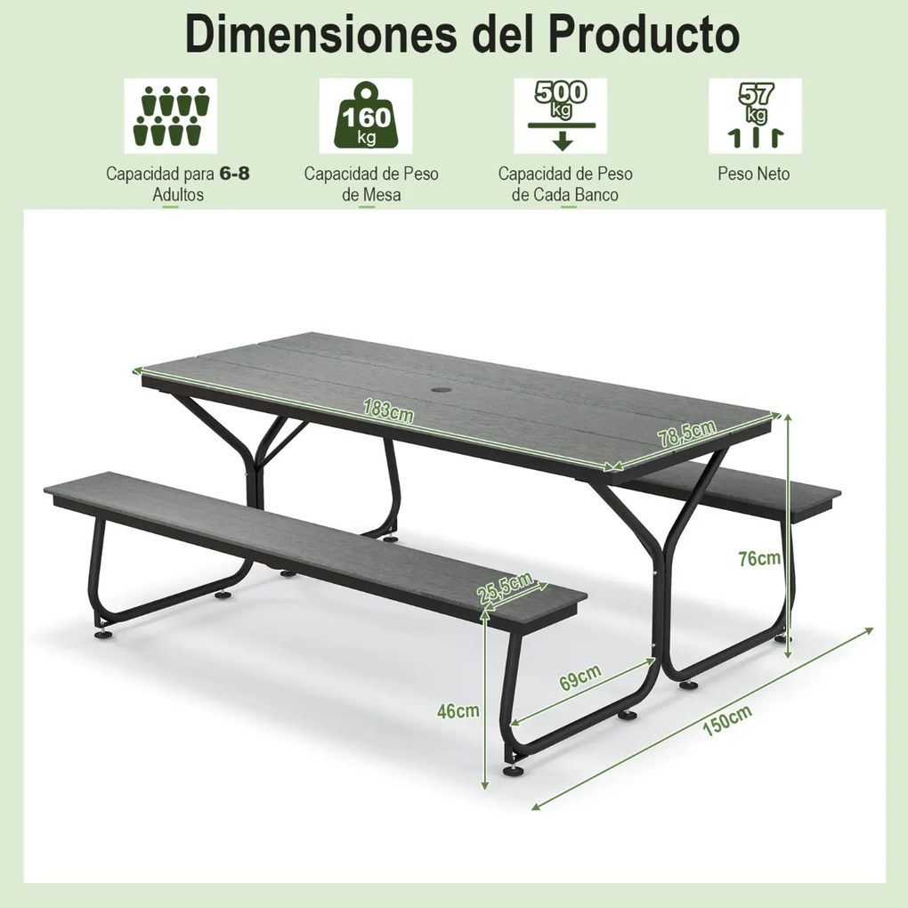 Conjunto de mesa de piquenique para exterior e 2 bancos para 8 adultos com estrutura metálica e tampo de mesa em PEAD para jardim, pátio e campismo Ci