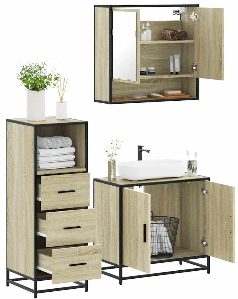 vidaXL 3 pcs conj. móveis casa banho derivados madeira carvalho sonoma