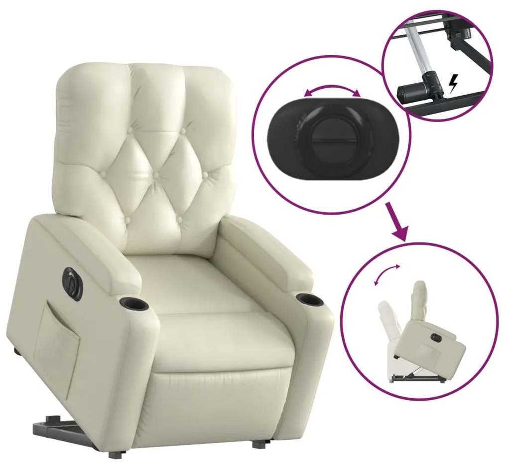 Poltrona reclinável elevatória elétrica couro artificial creme