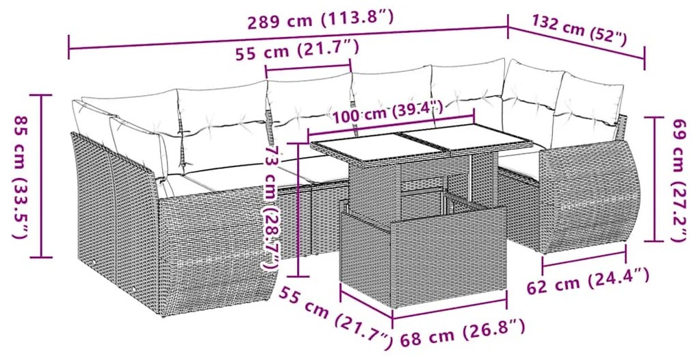 8 pcs conjunto sofás de jardim com almofadões vime PE preto