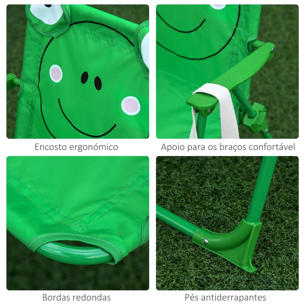Outsunny Conjunto de Mesa e Cadeira de Jardim Conjunto de Picnic Dobrável para Crianças Conjunto de Mesa com Chapéu de Sol com Altura Ajustável 100-125cm Desenho de Sapo Verde