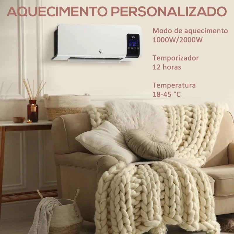 Aquecedor Elétrico de Parede com Controlo Remoto - Branco - 54,5x12x21