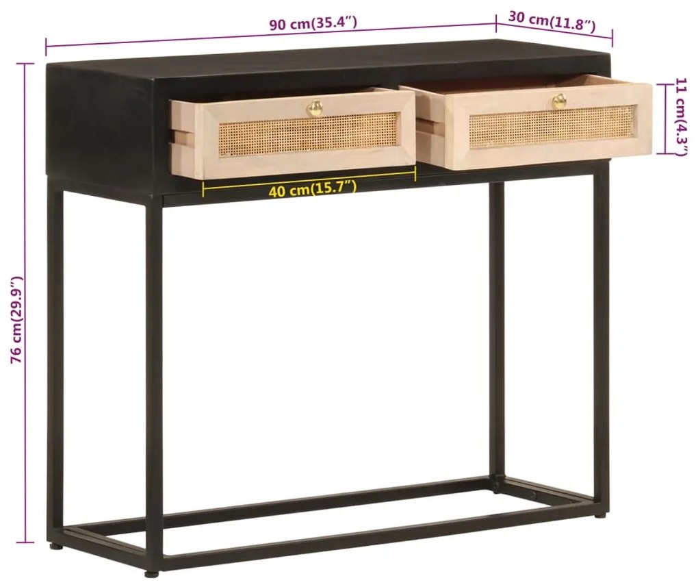 Mesa consola 90x30x76 cm mangueira maciça e ferro preto