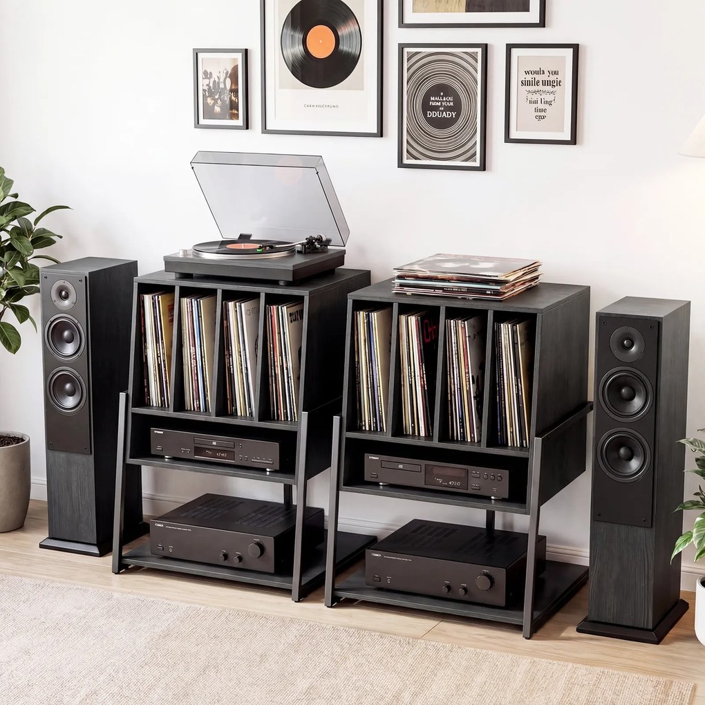 Móvel para gira-discos: estante para discos de vinil com pés ajustáveis 54 x 57 x 76,5 cm, em madeira preta, para a sala Preto