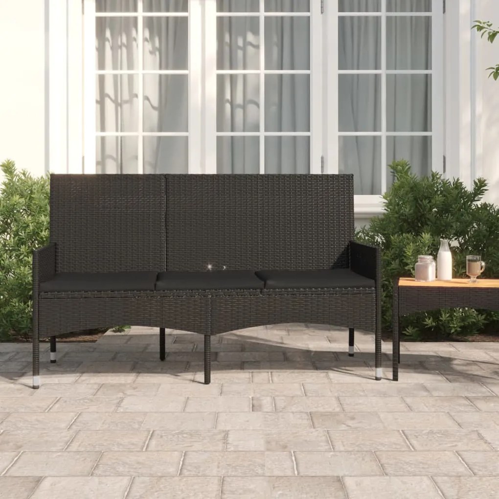 319494 vidaXL Banco de jardim de 3 lugares com almofadões vime PE preto