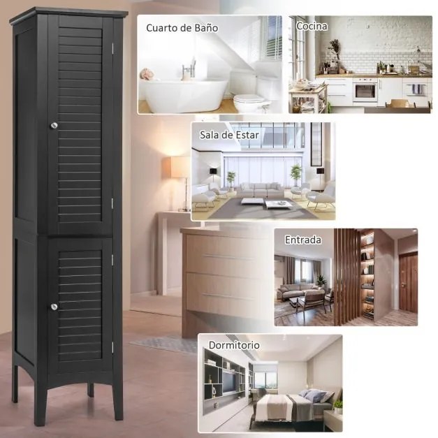 Armário de casa de banho alto com 5 níveis de arrumação estreito 37 x 37 x 160 cm Preto
