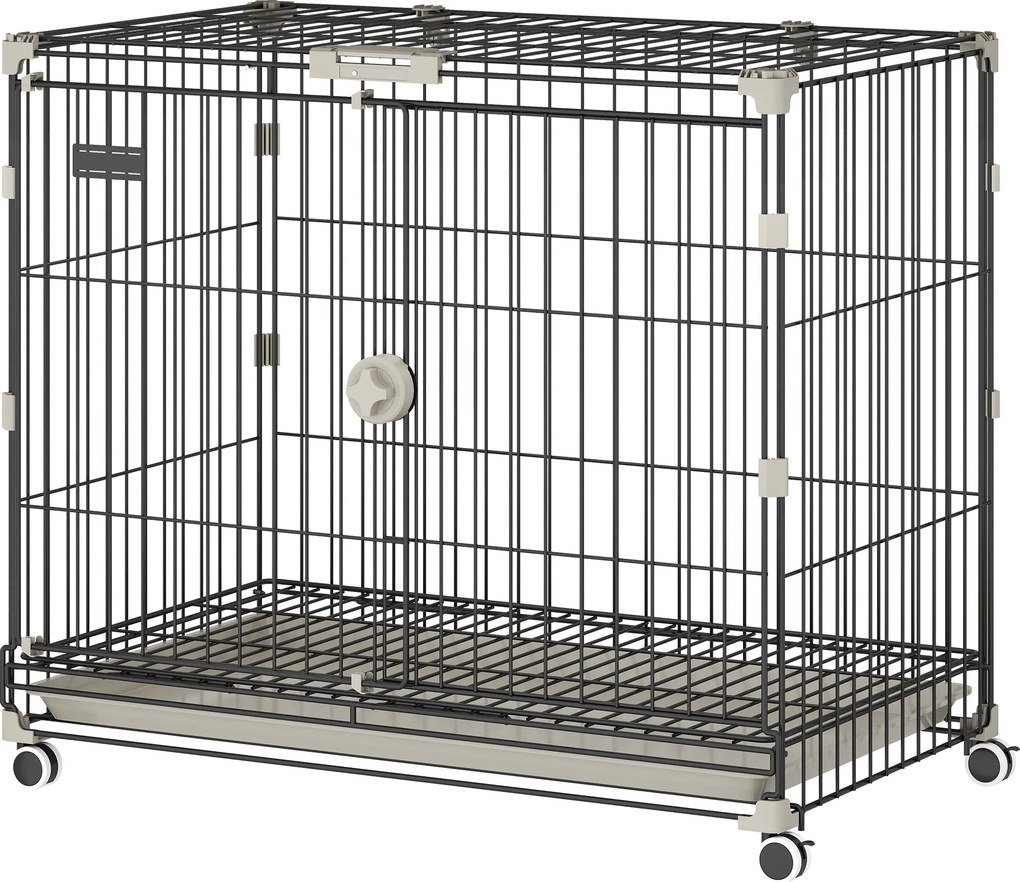 Gaiola dobrável para cães 75,5 x 46 x 64,5 cm, tabuleiro removível, rodas com travões, teto abrível com fecho de segurança, preta