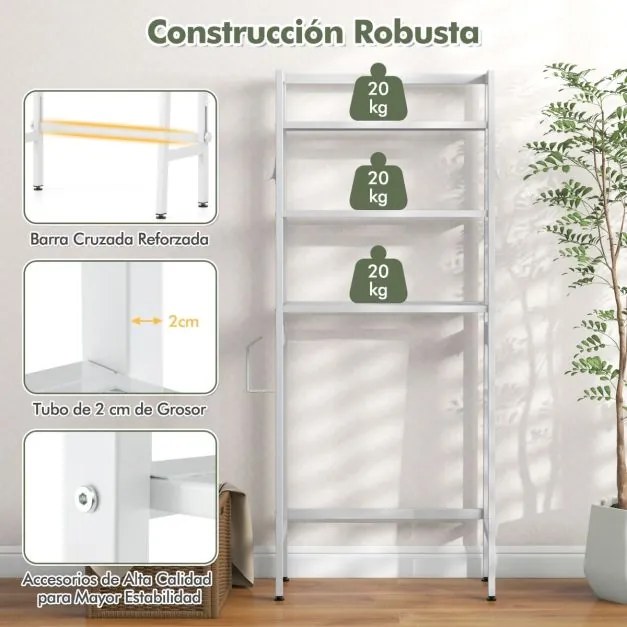 Estante de casa de banho sobre a sanita de 3 níveis com calha inferior ajustável Suporte para papel 2 ganchos laterais Branco